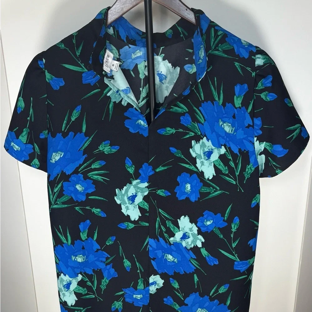 J. Crew Black Top with Blue and Green Floral Print